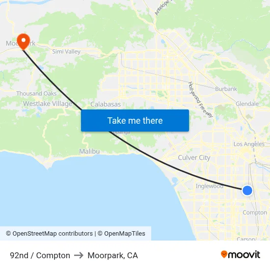 92nd / Compton to Moorpark, CA map