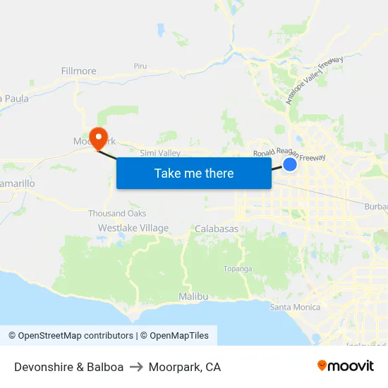 Devonshire & Balboa to Moorpark, CA map