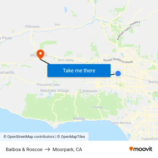 Balboa & Roscoe to Moorpark, CA map