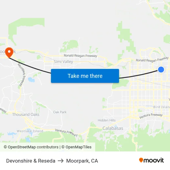 Devonshire & Reseda to Moorpark, CA map