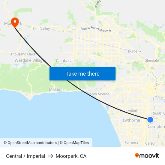 Central / Imperial to Moorpark, CA map