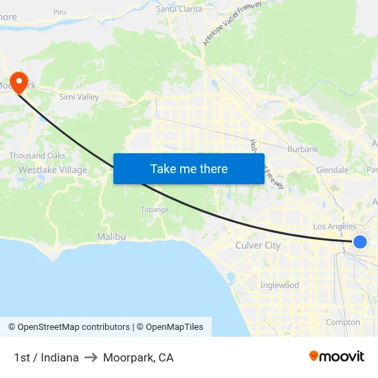1st / Indiana to Moorpark, CA map
