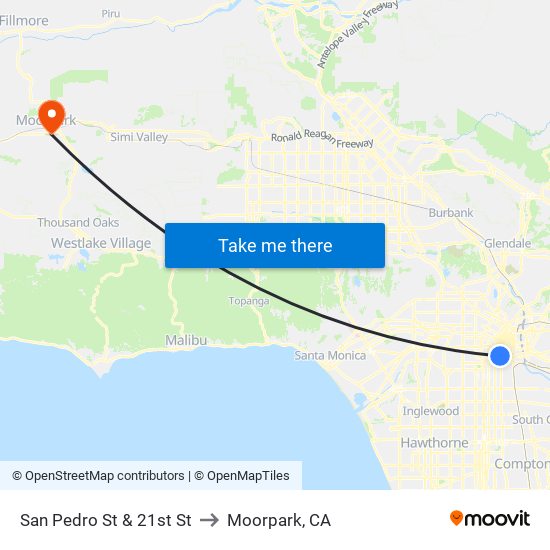 San Pedro St & 21st St to Moorpark, CA map