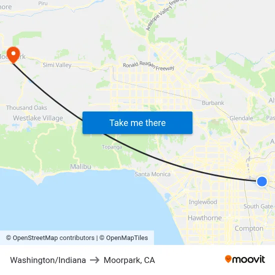 Washington/Indiana to Moorpark, CA map