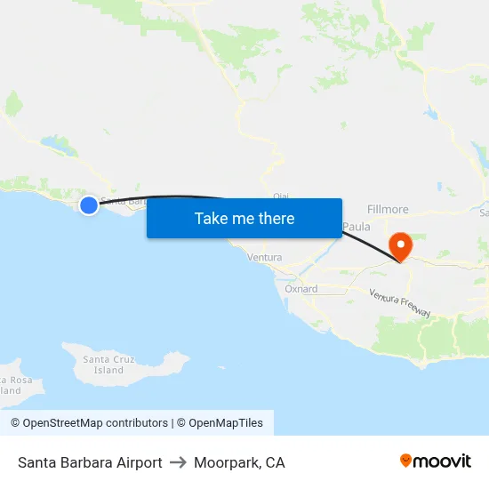 Santa Barbara Airport to Moorpark, CA map