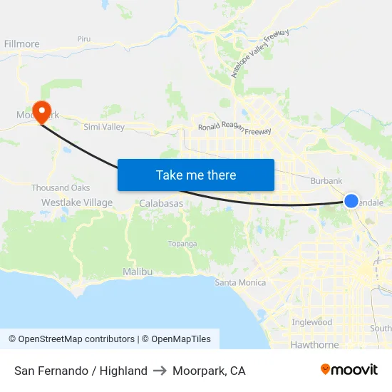 San Fernando / Highland to Moorpark, CA map