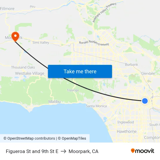 Figueroa St and 9th St E to Moorpark, CA map