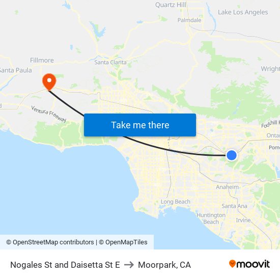 Nogales St and Daisetta St E to Moorpark, CA map