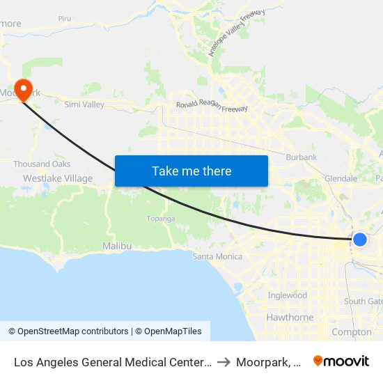 Los Angeles General Medical Center E to Moorpark, CA map