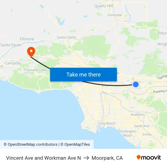 Vincent Ave and Workman Ave N to Moorpark, CA map