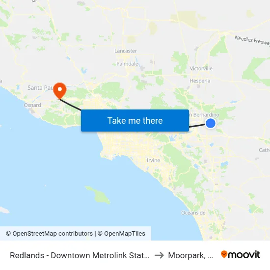 Redlands - Downtown Metrolink Station to Moorpark, CA map