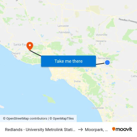 Redlands - University Metrolink Station to Moorpark, CA map