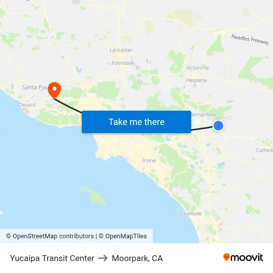Yucaipa Transit Center to Moorpark, CA map