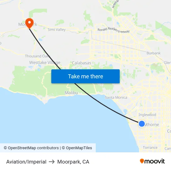 Aviation/Imperial to Moorpark, CA map