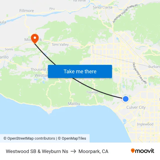 Westwood SB & Weyburn Ns to Moorpark, CA map