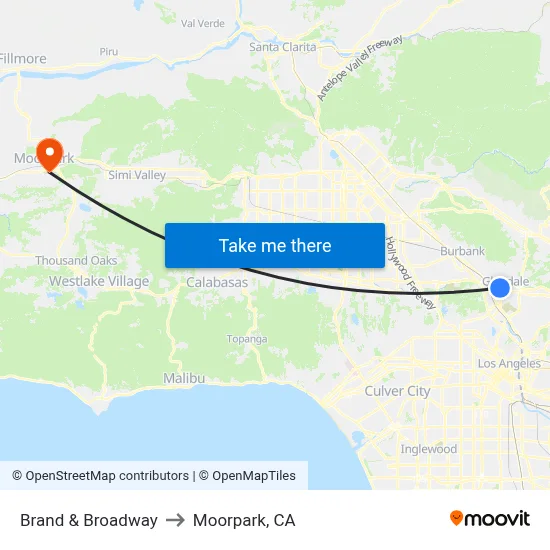 Brand & Broadway to Moorpark, CA map