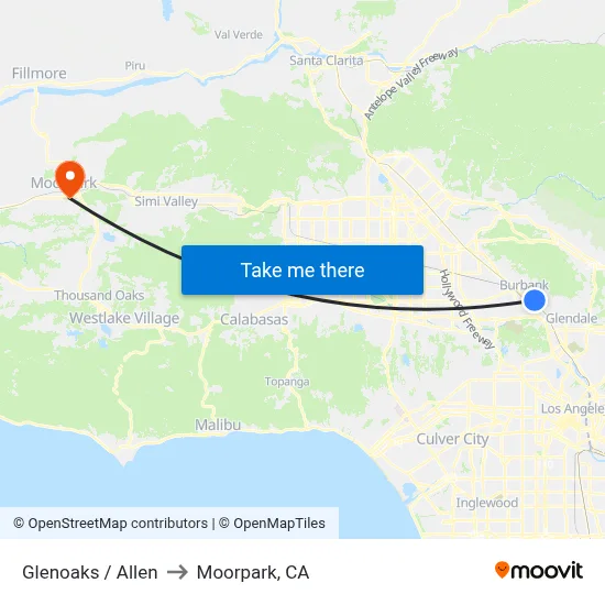 Glenoaks / Allen to Moorpark, CA map