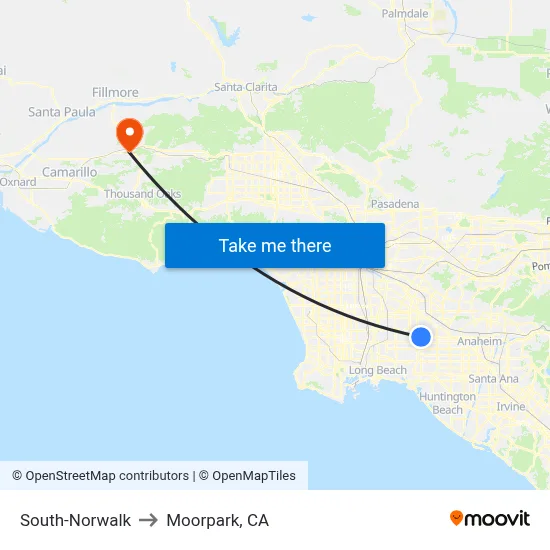 South-Norwalk to Moorpark, CA map