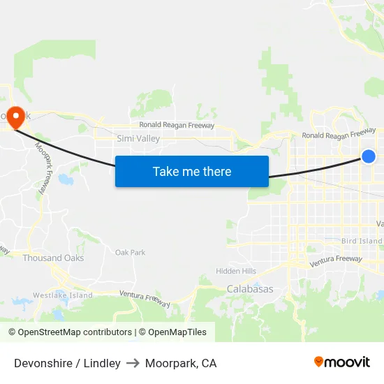 Devonshire / Lindley to Moorpark, CA map