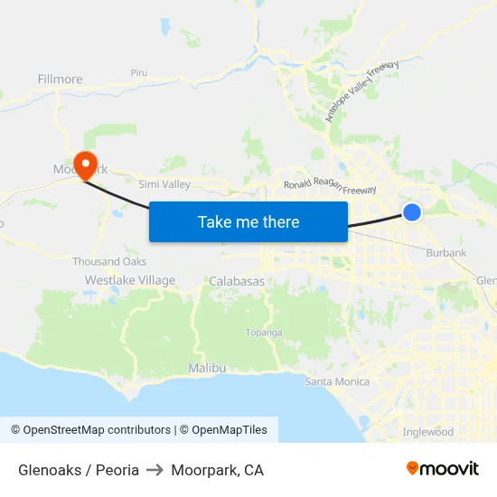 Glenoaks / Peoria to Moorpark, CA map