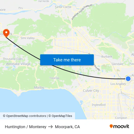Huntington / Monterey to Moorpark, CA map