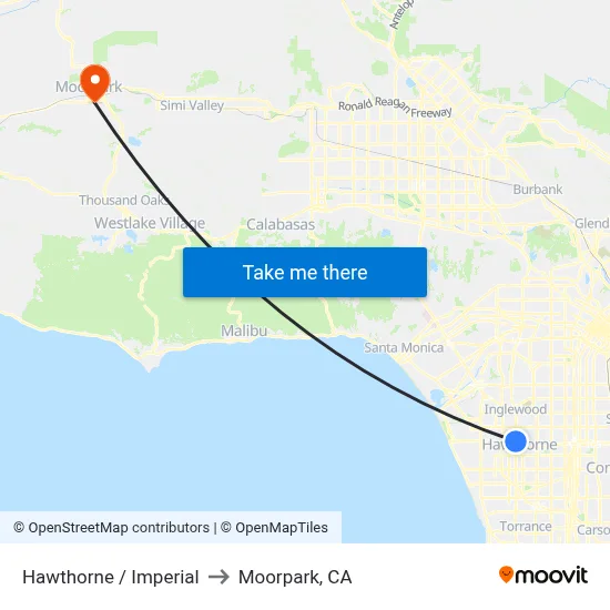 Hawthorne / Imperial to Moorpark, CA map