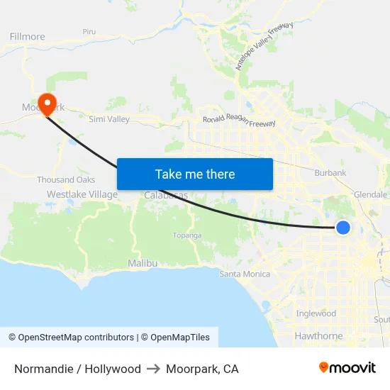 Normandie / Hollywood to Moorpark, CA map