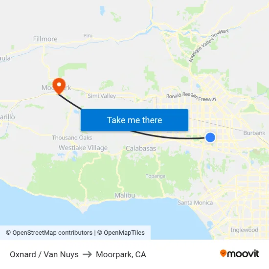 Oxnard / Van Nuys to Moorpark, CA map