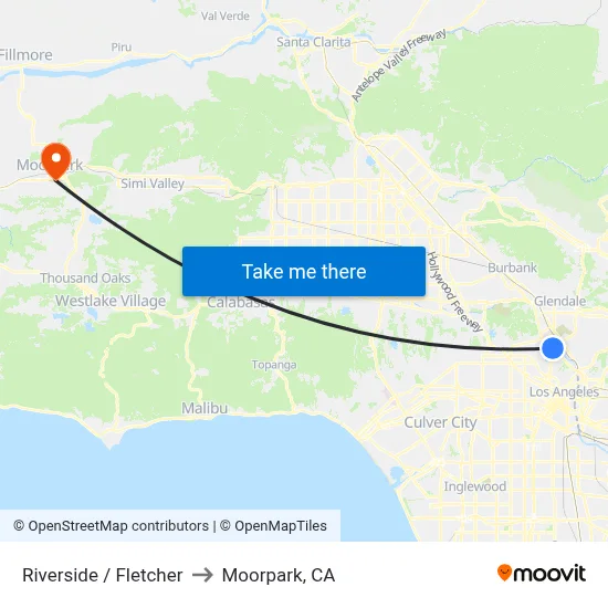 Riverside / Fletcher to Moorpark, CA map