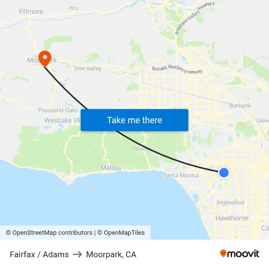 Fairfax / Adams to Moorpark, CA map