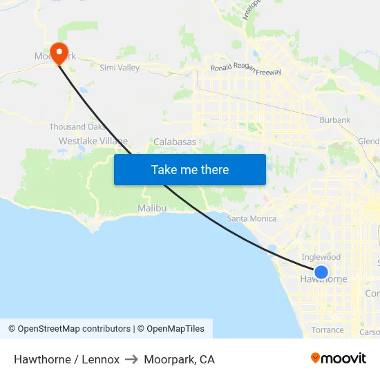 Hawthorne / Lennox to Moorpark, CA map