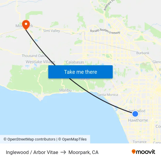 Inglewood / Arbor Vitae to Moorpark, CA map