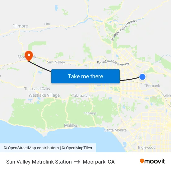 Sun Valley Metrolink Station to Moorpark, CA map