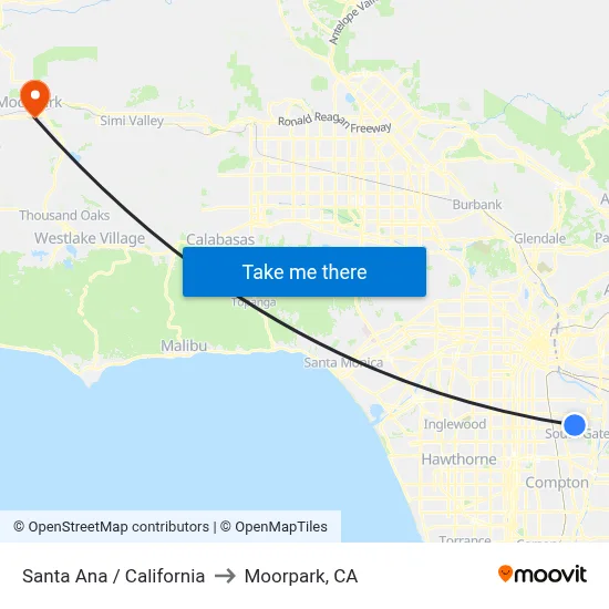 Santa Ana / California to Moorpark, CA map