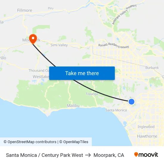 Santa Monica / Century Park West to Moorpark, CA map