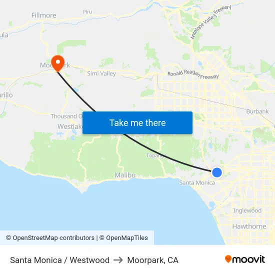 Santa Monica / Westwood to Moorpark, CA map