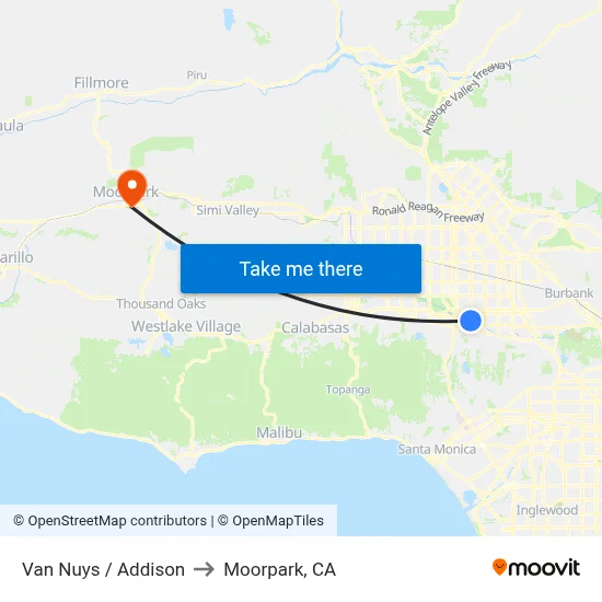 Van Nuys / Addison to Moorpark, CA map