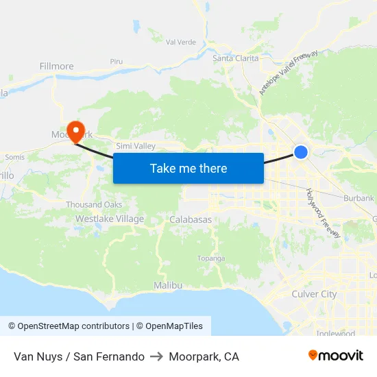 Van Nuys / San Fernando to Moorpark, CA map