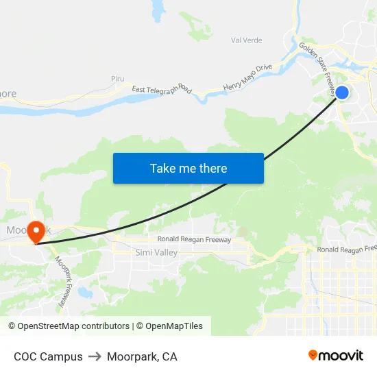 COC Campus to Moorpark, CA map