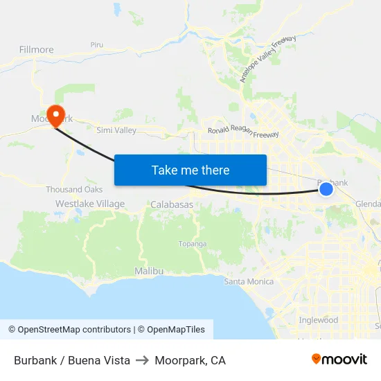 Burbank / Buena Vista to Moorpark, CA map