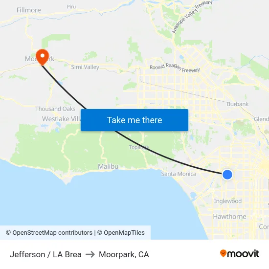Jefferson / LA Brea to Moorpark, CA map