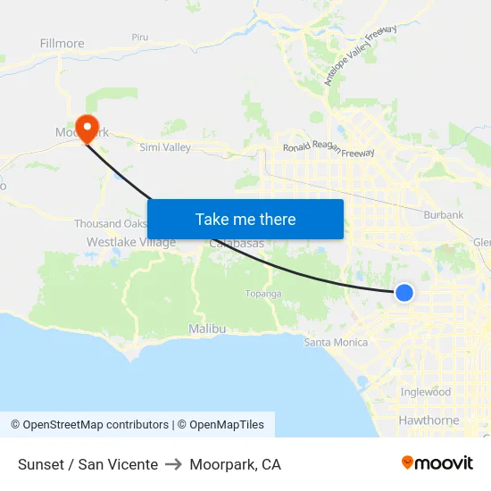 Sunset / San Vicente to Moorpark, CA map