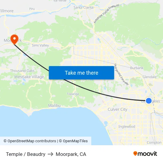 Temple / Beaudry to Moorpark, CA map