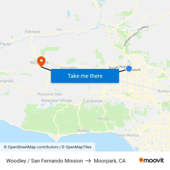 Woodley / San Fernando Mission to Moorpark, CA map
