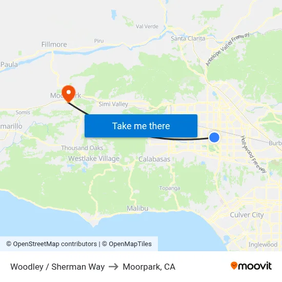 Woodley / Sherman Way to Moorpark, CA map