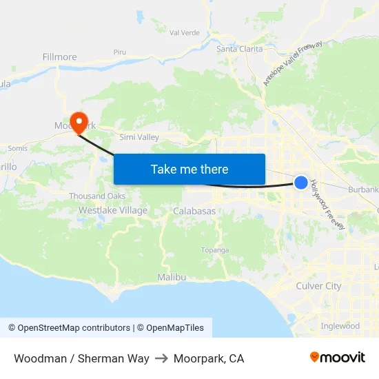 Woodman / Sherman Way to Moorpark, CA map