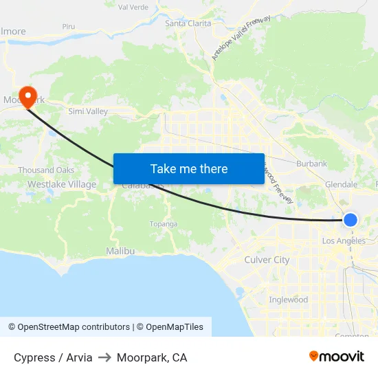Cypress / Arvia to Moorpark, CA map