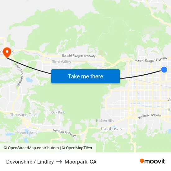 Devonshire / Lindley to Moorpark, CA map