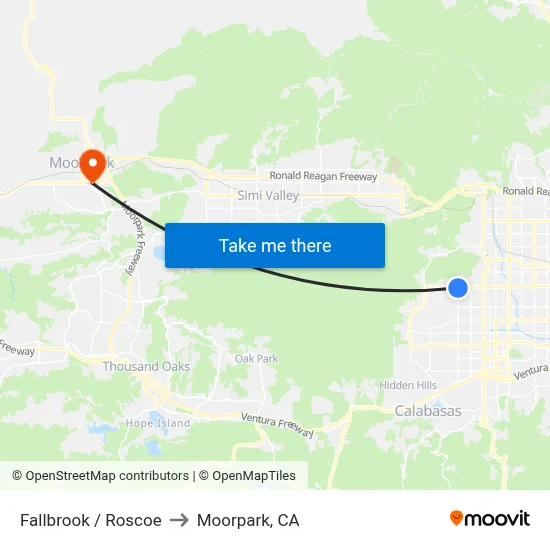Fallbrook / Roscoe to Moorpark, CA map