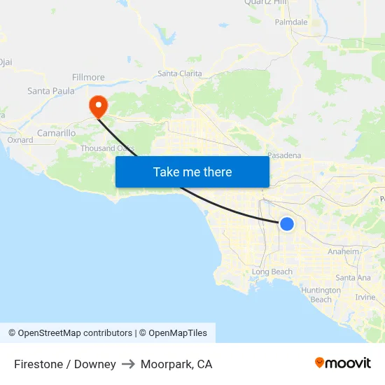 Firestone / Downey to Moorpark, CA map